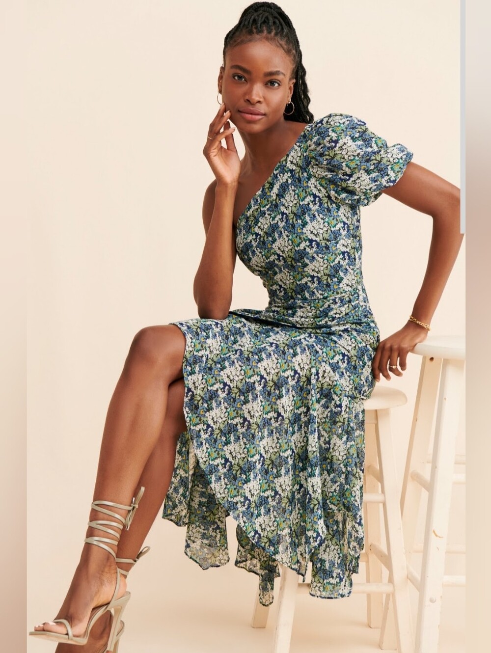 ASTR Santorini One Shoulder Midi Dress in Dark Blue